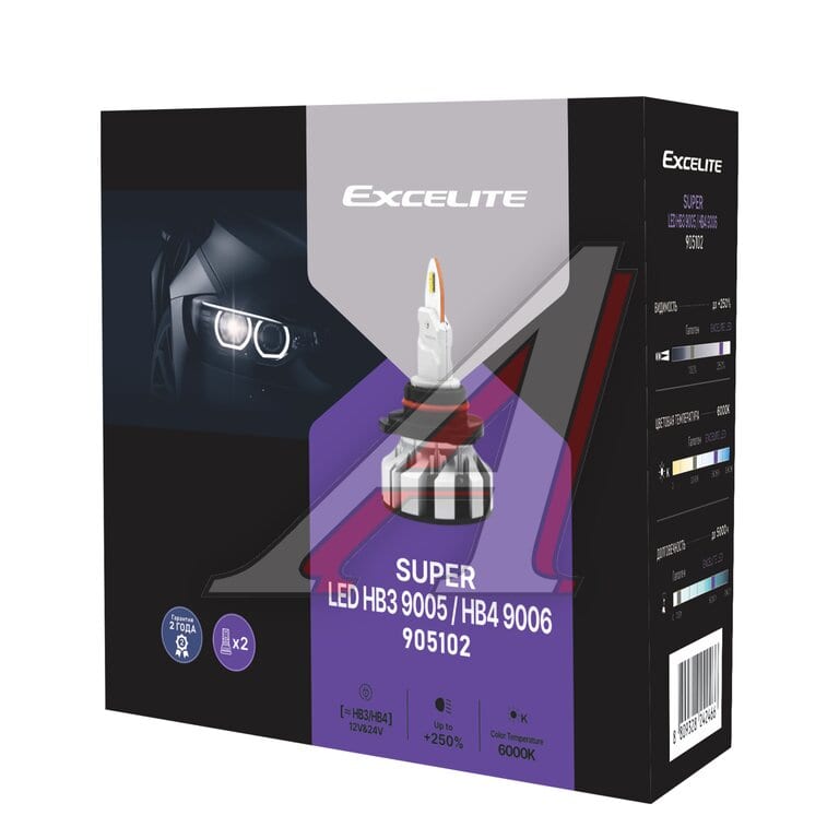 Лампа светодиодная 12/24V HB3/HB4 P20/22d +250% 6000K (2шт.) Led Cool White Super EXCELITE