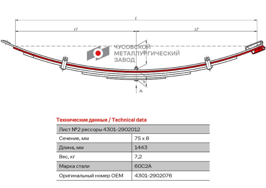 Лист рессоры ГАЗ-4301 передней №2 L=1443мм ЧМЗ