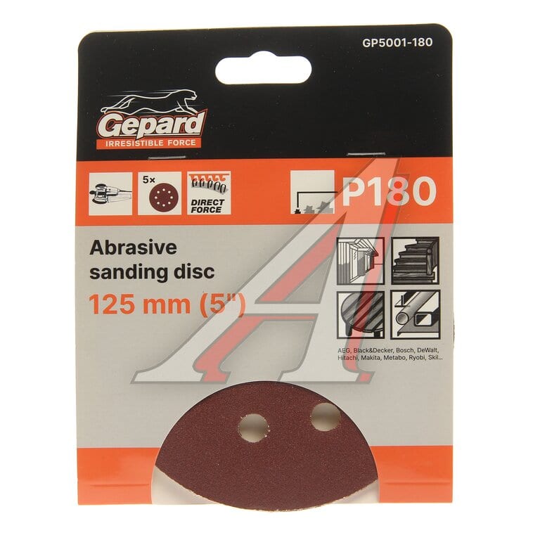 Круг шлифовальный на липучке D125 P180 8 отверстий 5шт. GEPARD