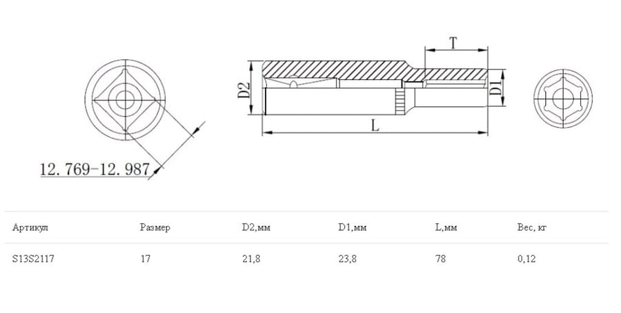 Головка торцевая 1/2" 17мм 6-ти гранная высокая THORVIK