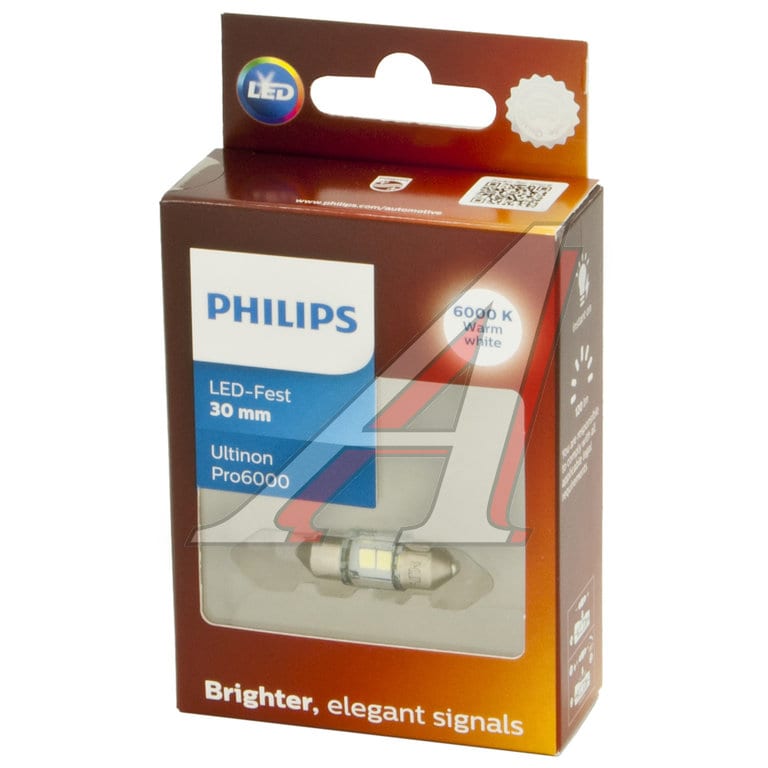 Лампа светодиодная 24V C5W SV8.5 30мм 6000K 120Лм двухцокольная White Ultinon Pro6000 PHILIPS