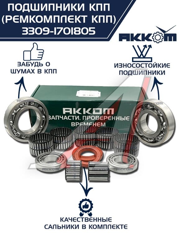 Ремкомплект ГАЗ-3309, 33104 КПП (подшипники, прокладки, сальники) АККОМ