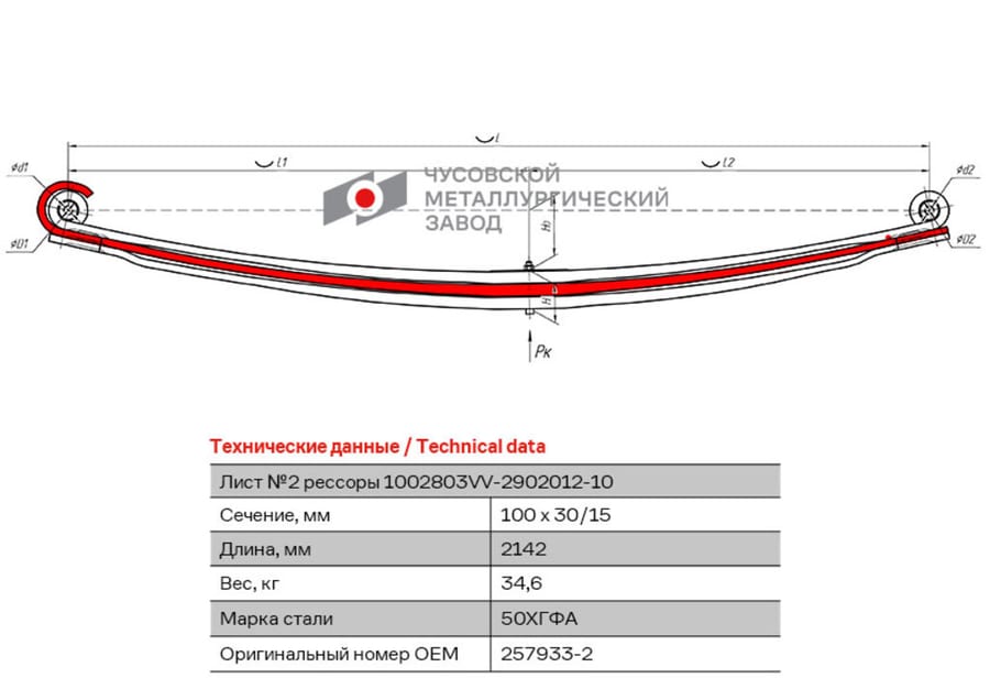 Лист рессоры VOLVO FMX (10-) передней №2 (3 листа) L=2142мм ЧМЗ