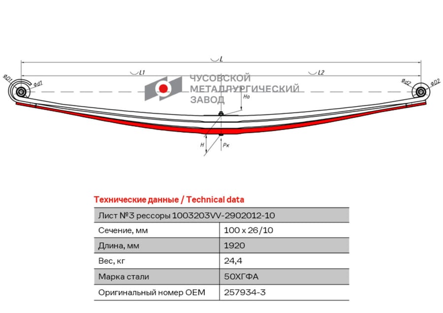Лист рессоры VOLVO FH, FM2 (05-13) передней №3 (3 листа) L=1920мм ЧМЗ