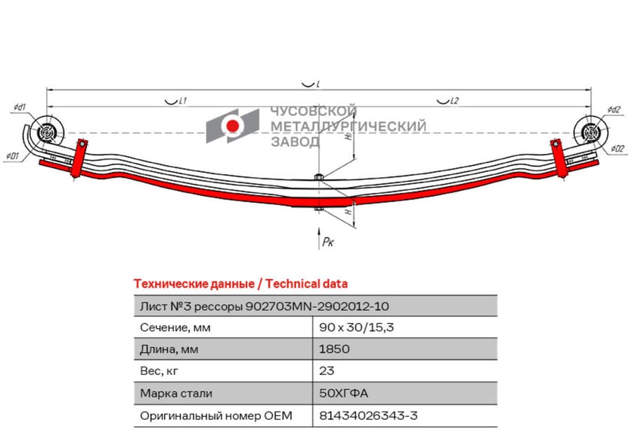 Лист рессоры MAN TGA (03-) передней №3 (3 листа) с хомутами L=1850мм ЧМЗ
