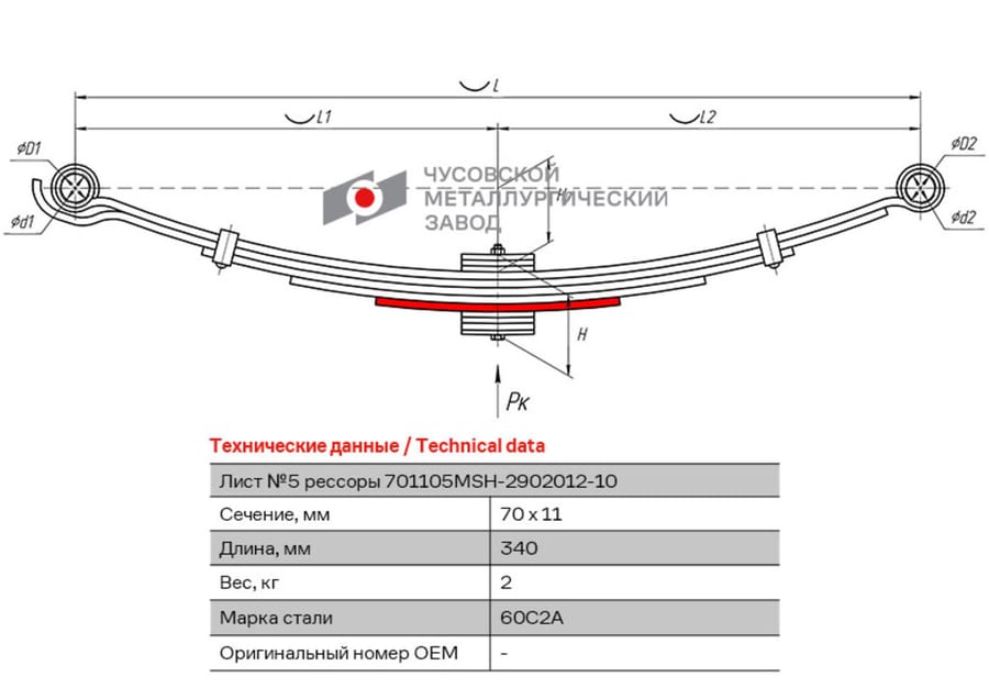 Лист рессоры MITSUBISHI Fuso Canter FE85 передней №5 (5 листов) L=340мм ЧМЗ