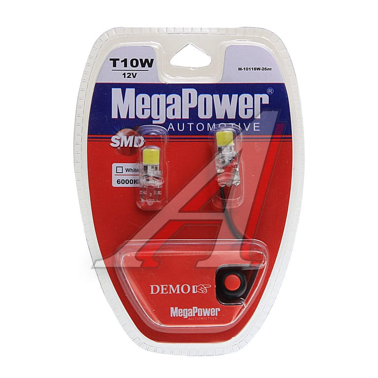 Лампа светодиодная 12V W5W T10 W2.1x9.5d 6000K 2 LED с тестером блистер (2шт.) MEGAPOWER